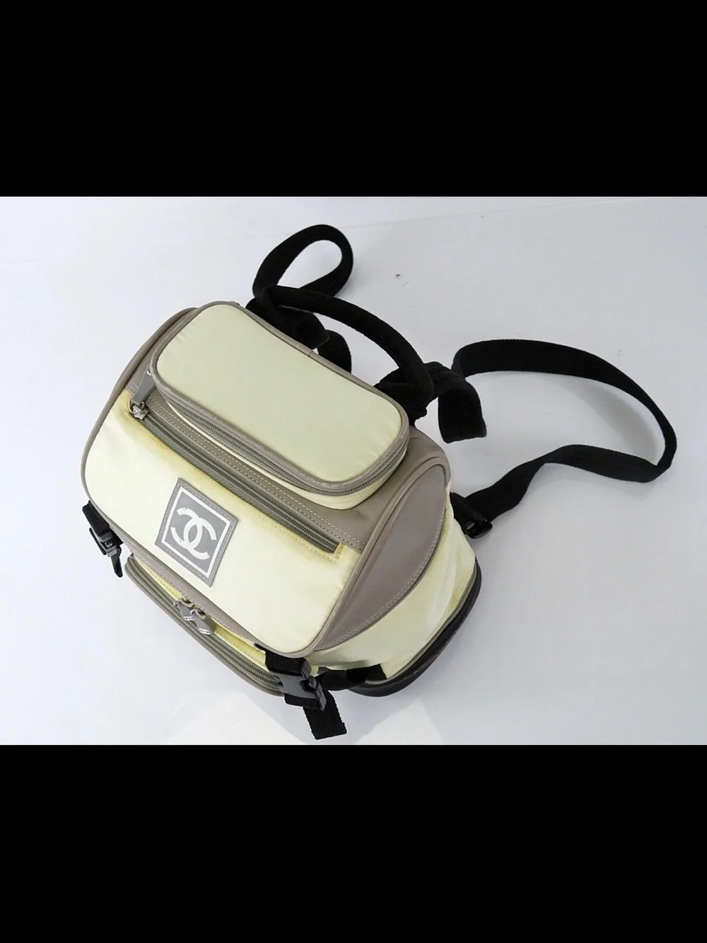 CHANEL Cream, Taupe & Black Nylon Crossbody Backpack